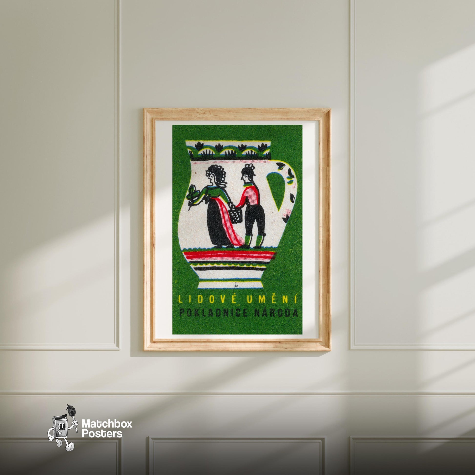 Folk Jug Design - vintage matchbox label print - bedroom mockup