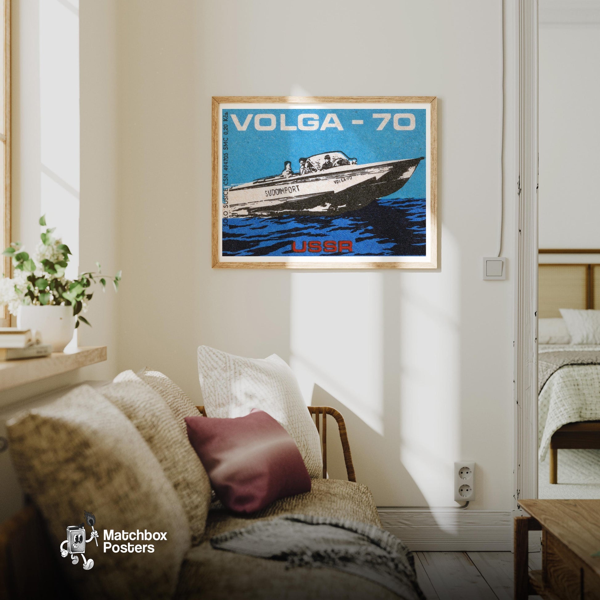 Raceboat - vintage matchbox label print - living room mockup
