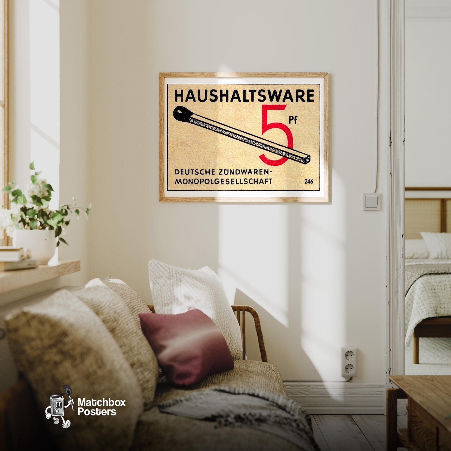 German Match Brand - vintage matchbox label print - living room mockup