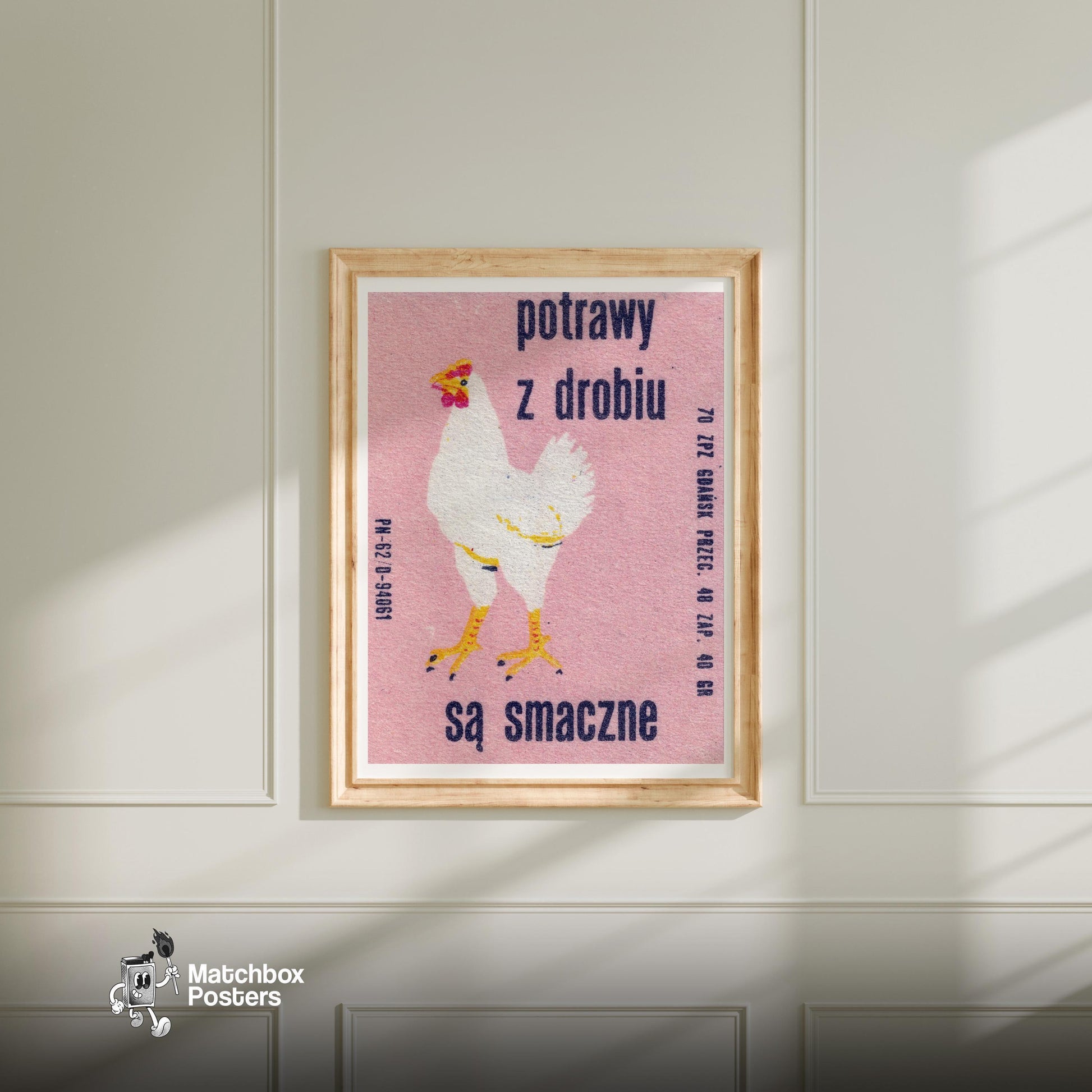 Eating Chicken is Delicious - vintage matchbox label print - bedroom mockup