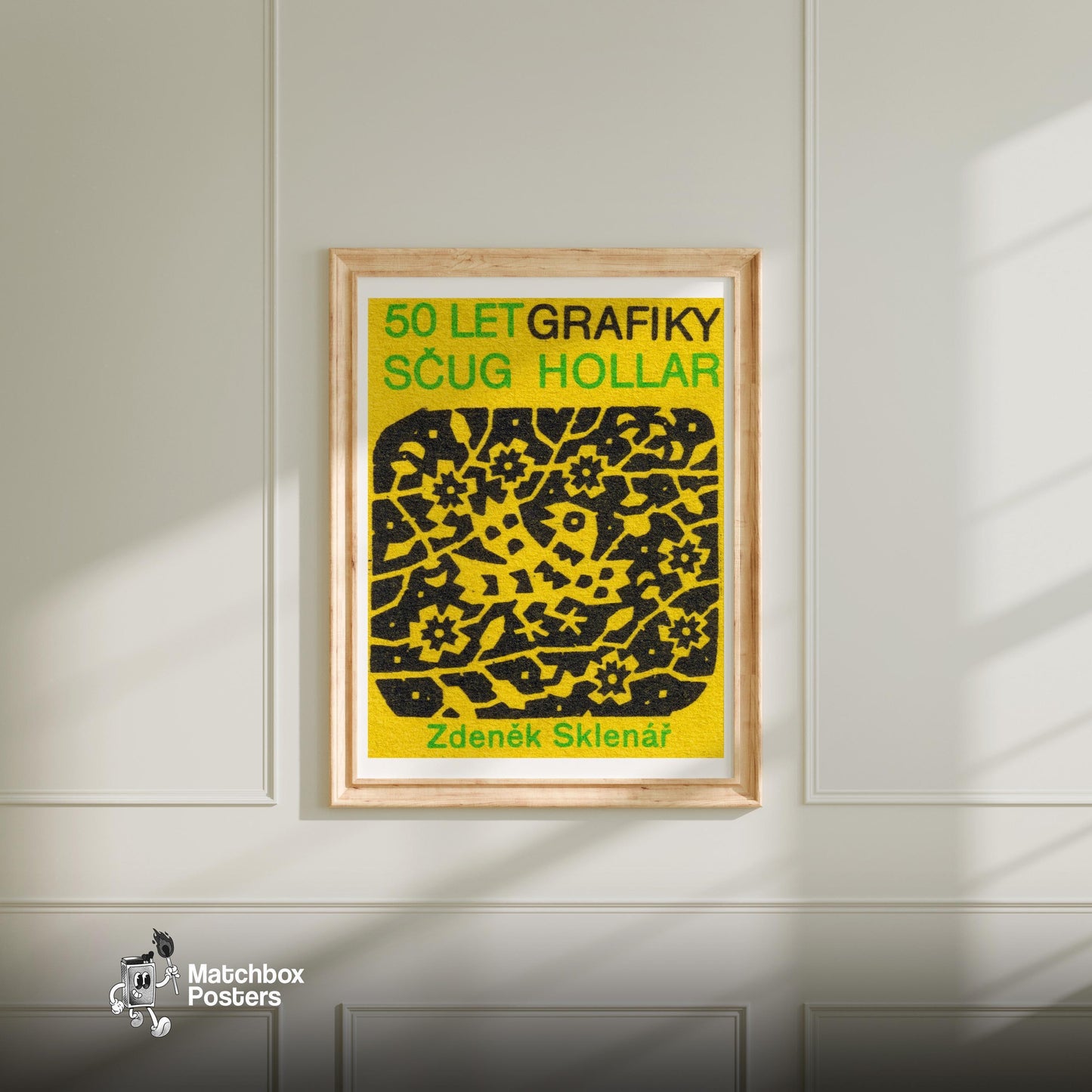 Yellow Folk Pattern - vintage matchbox label print - bedroom mockup