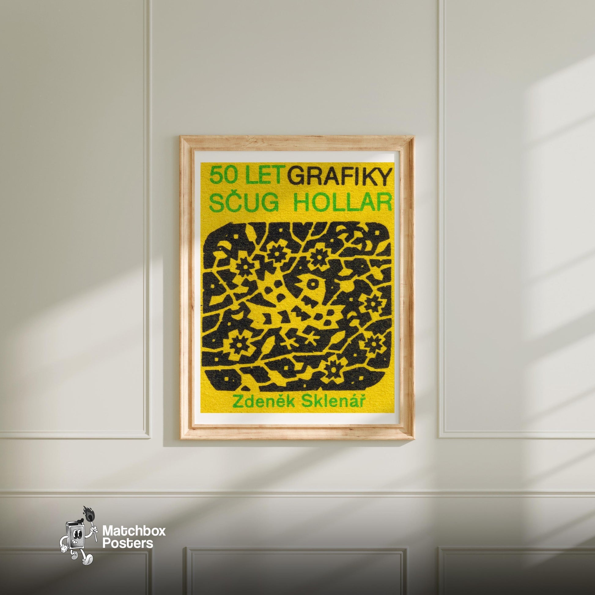 Yellow Folk Pattern - vintage matchbox label print - bedroom mockup
