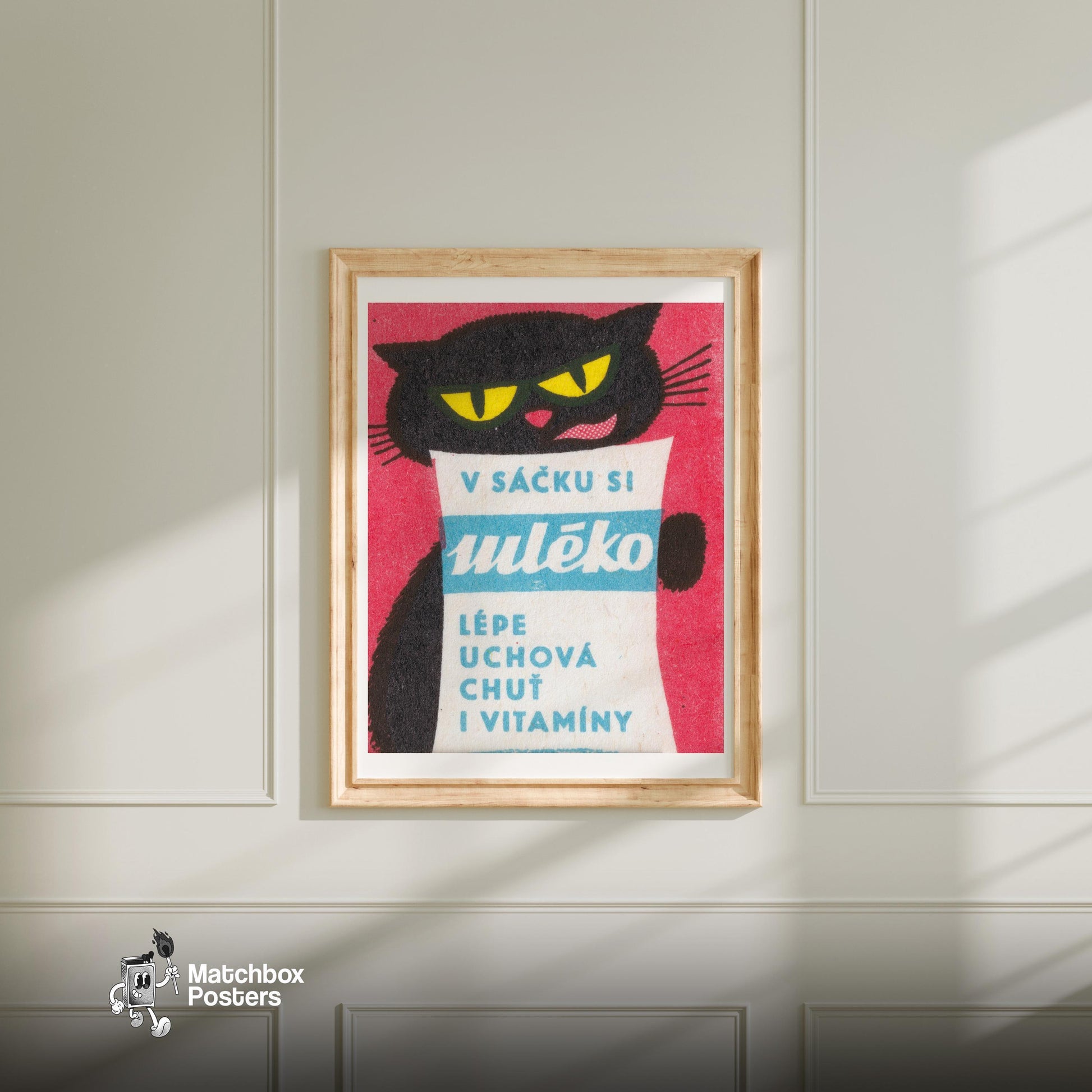 Black Cat - vintage matchbox label print - bedroom mockup