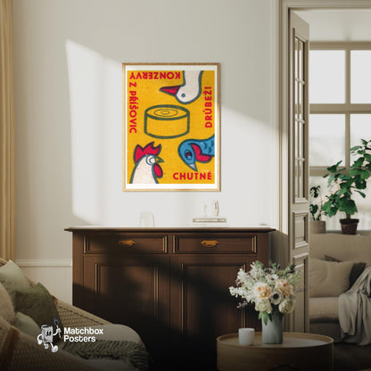 Czech Poultry - vintage matchbox label print - living room mockup