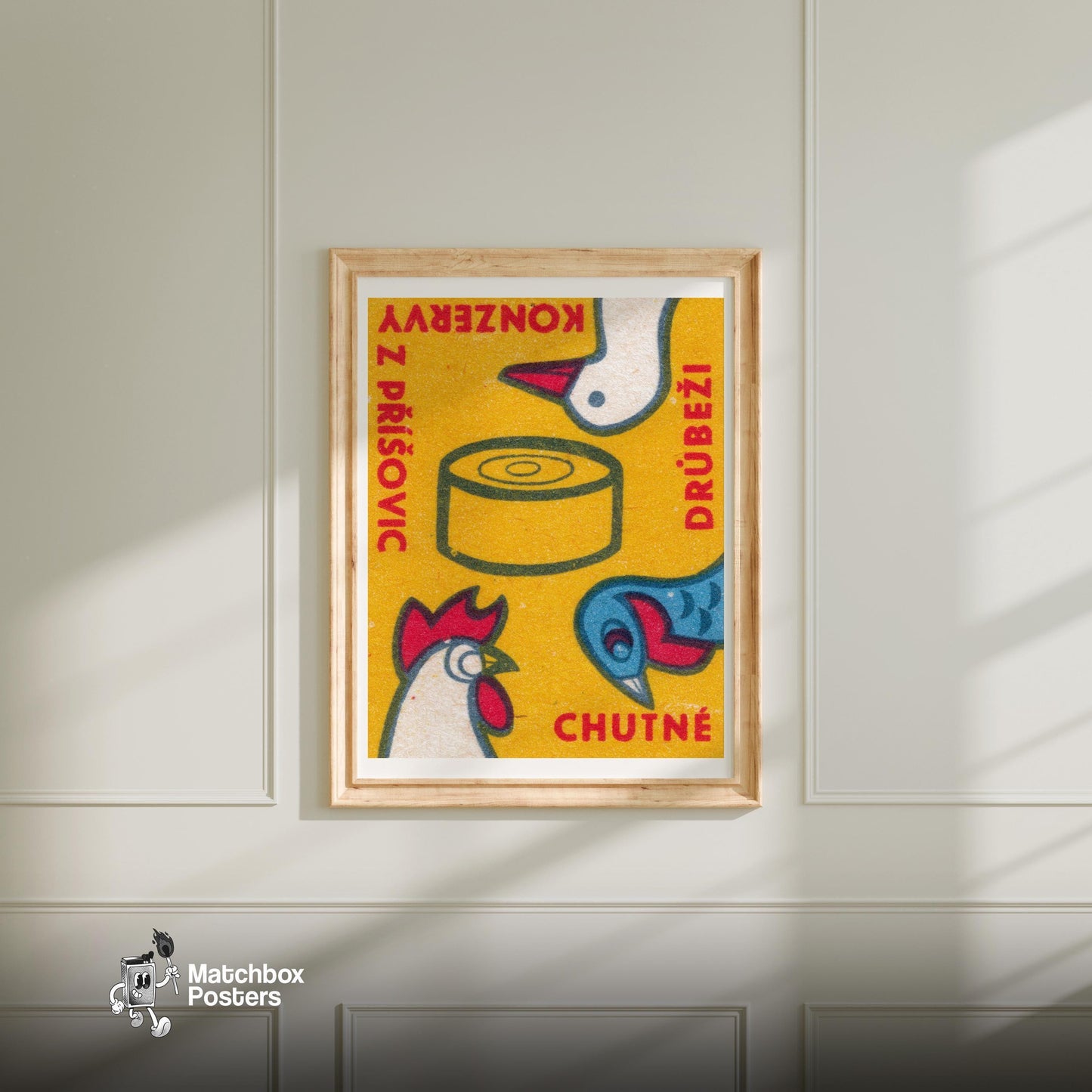 Czech Poultry - vintage matchbox label print - bedroom mockup