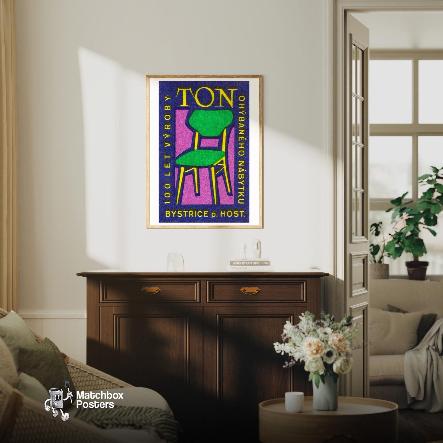 Yellow Green Chair - vintage matchbox label print - living room mockup