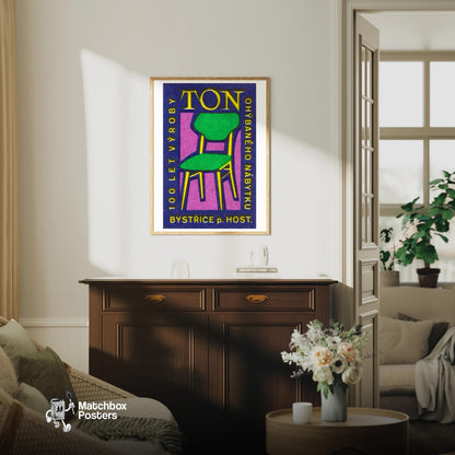 Yellow Green Chair - vintage matchbox label print - living room mockup
