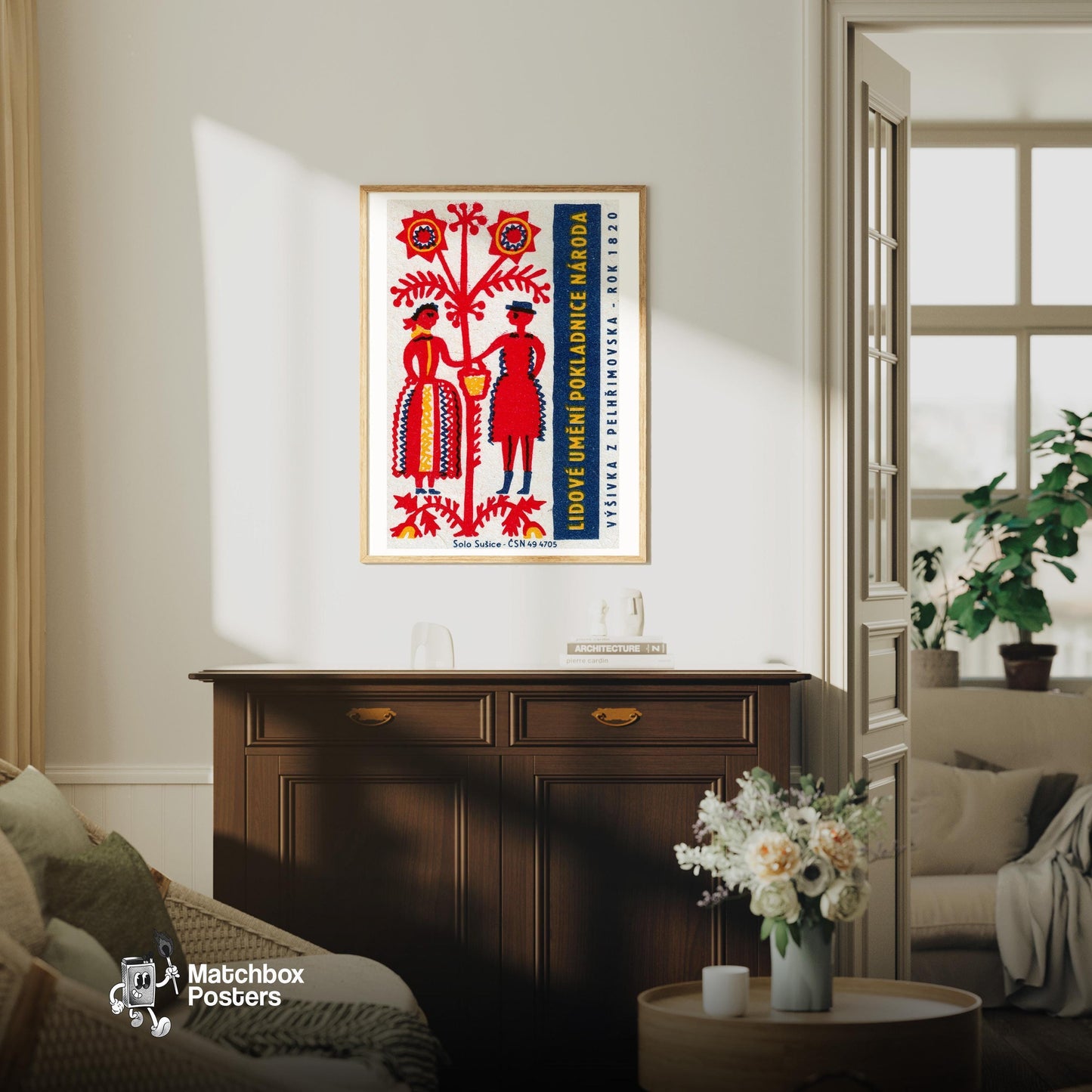 Folk Man and Woman - vintage matchbox label print - living room mockup