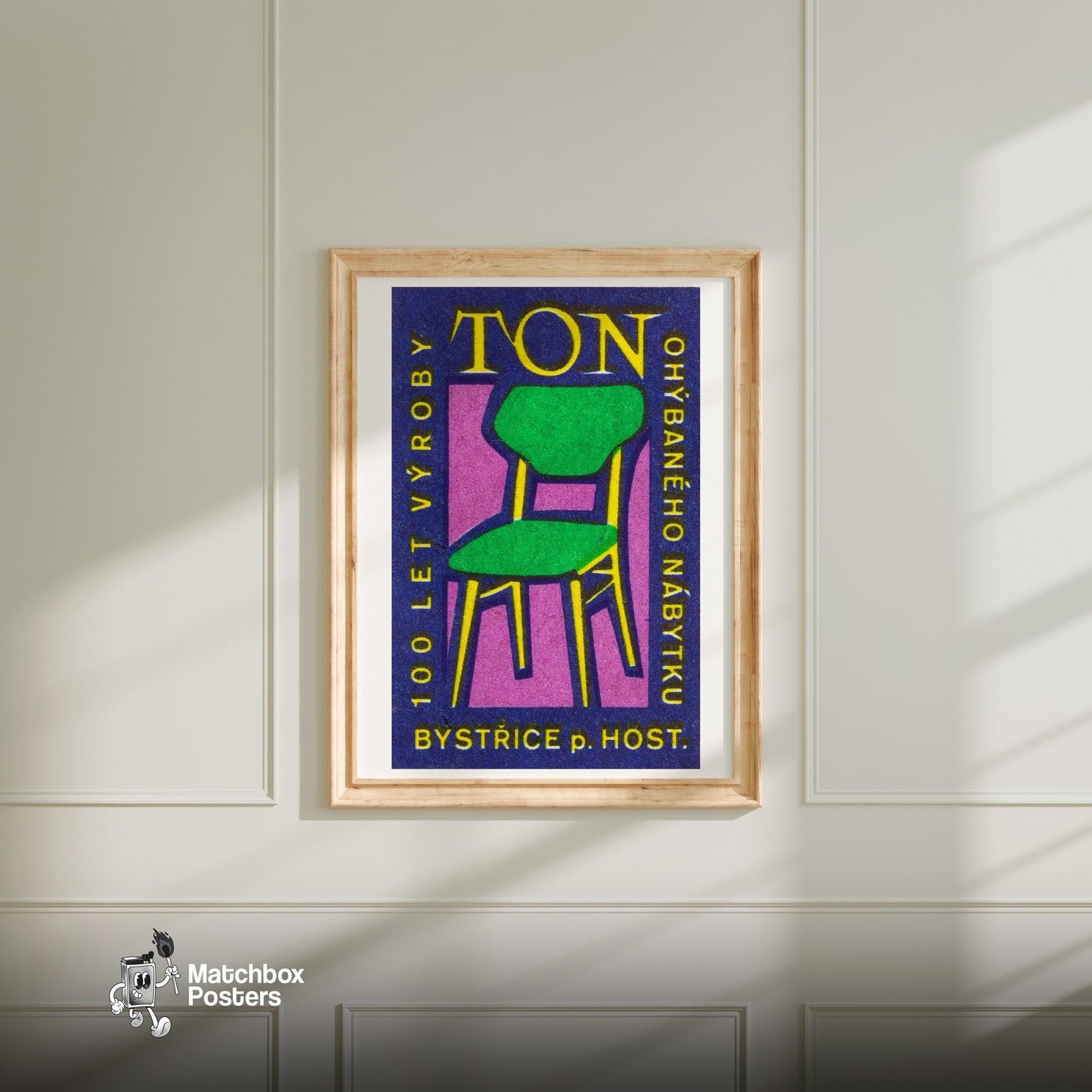 Yellow Green Chair - vintage matchbox label print - bedroom mockup