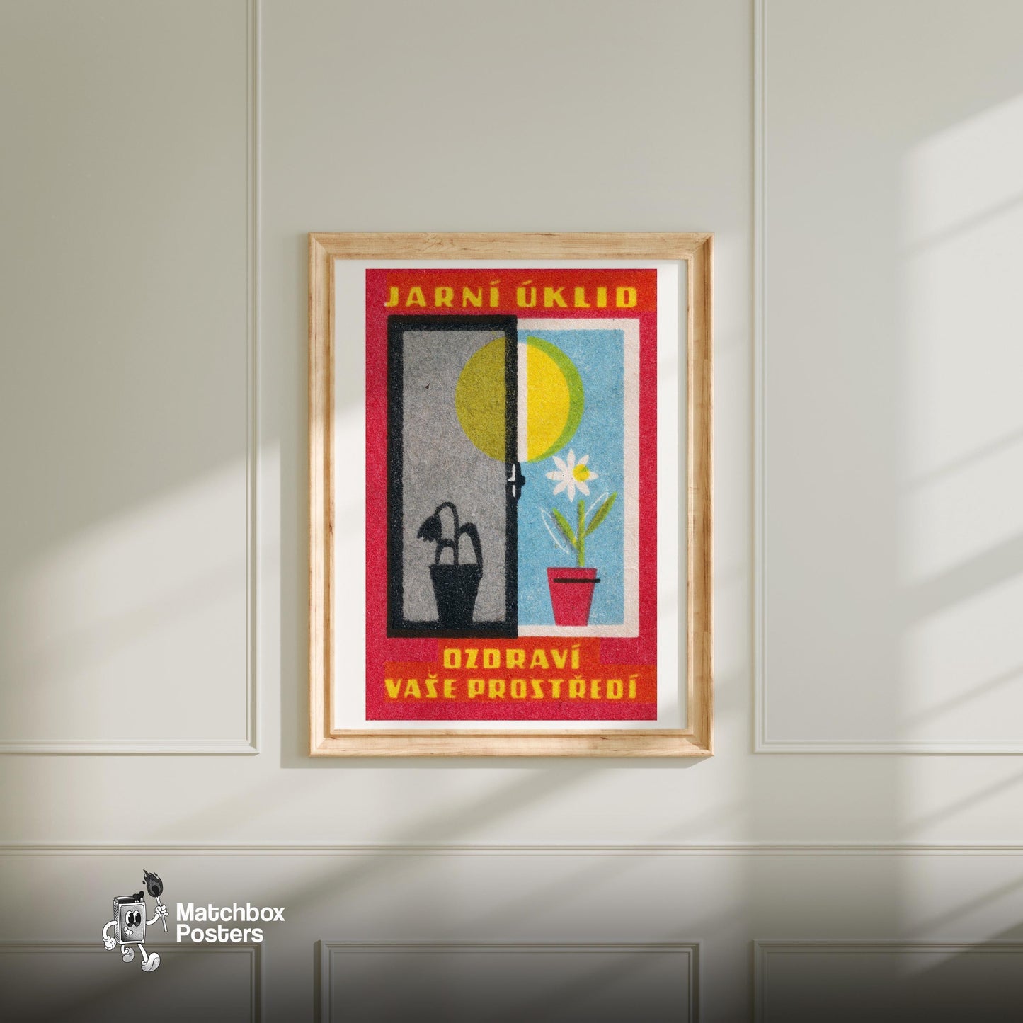 Spring Clean Your House - vintage matchbox label print - bedroom mockup