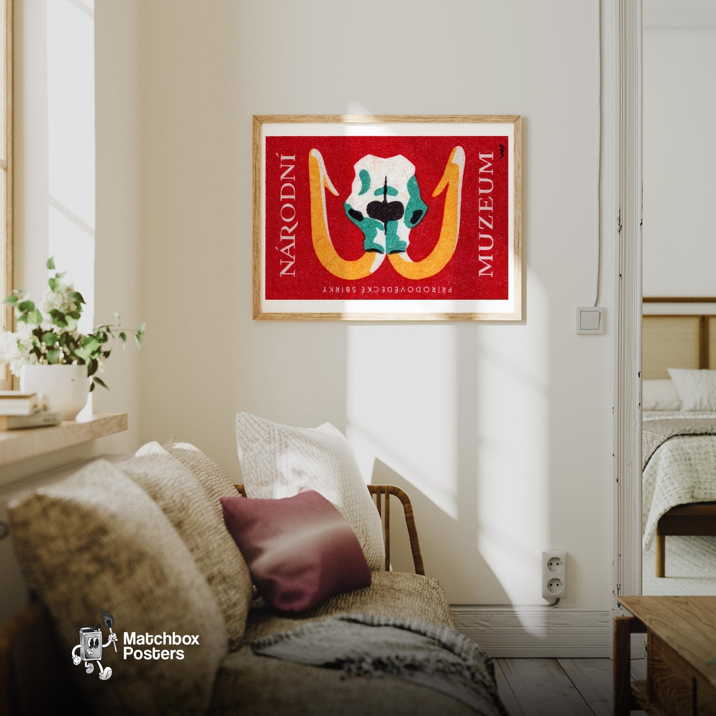 Mammoth Skull - vintage matchbox label print - living room mockup