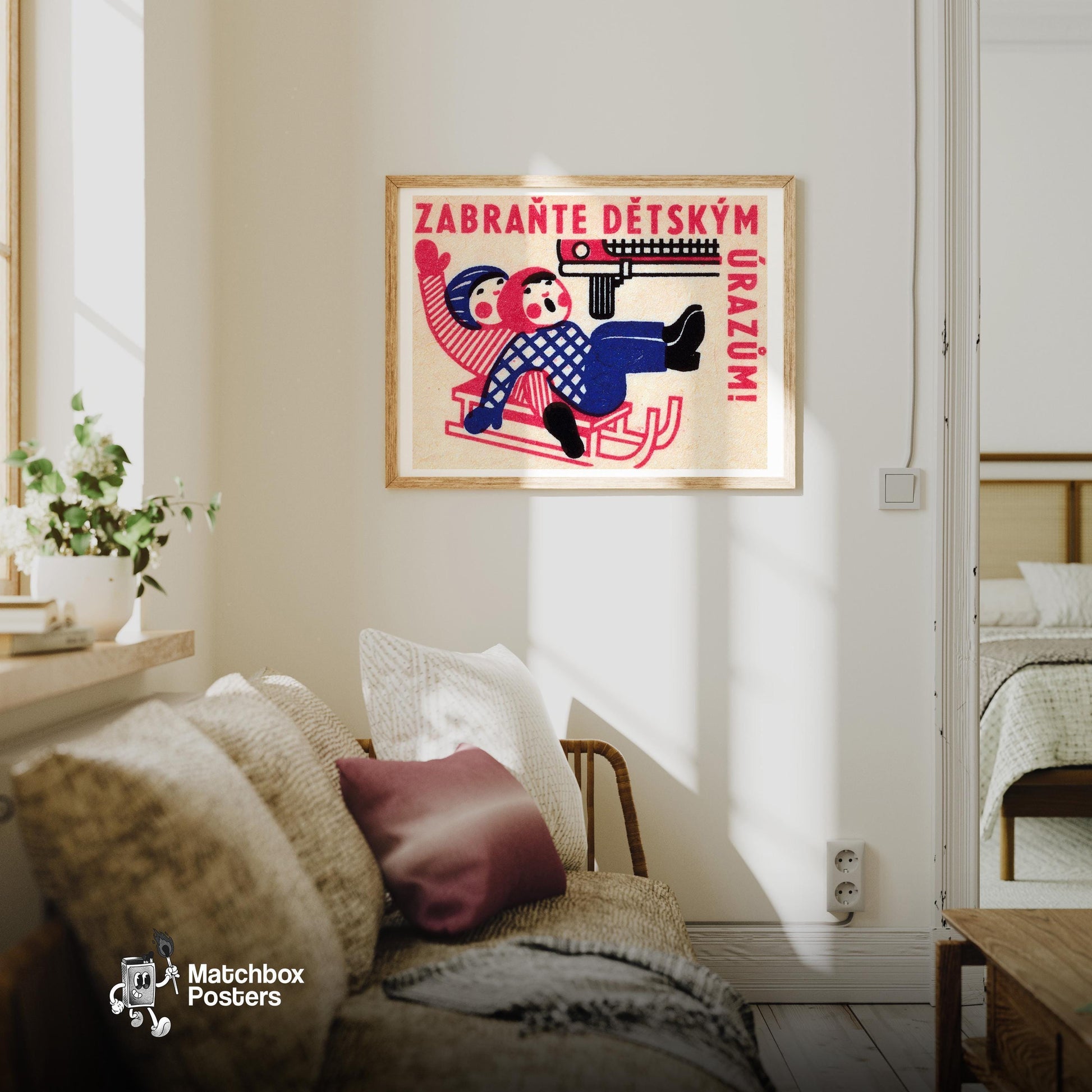 Children Sledding - vintage matchbox label print - living room mockup