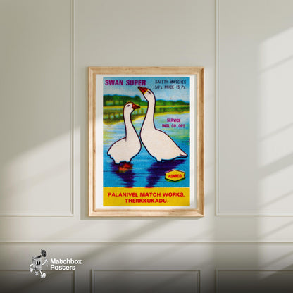 Two Swans - vintage matchbox label print - bedroom mockup