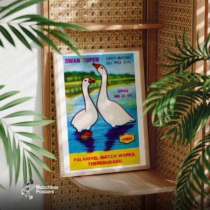Two Swans - vintage matchbox label print - office wall