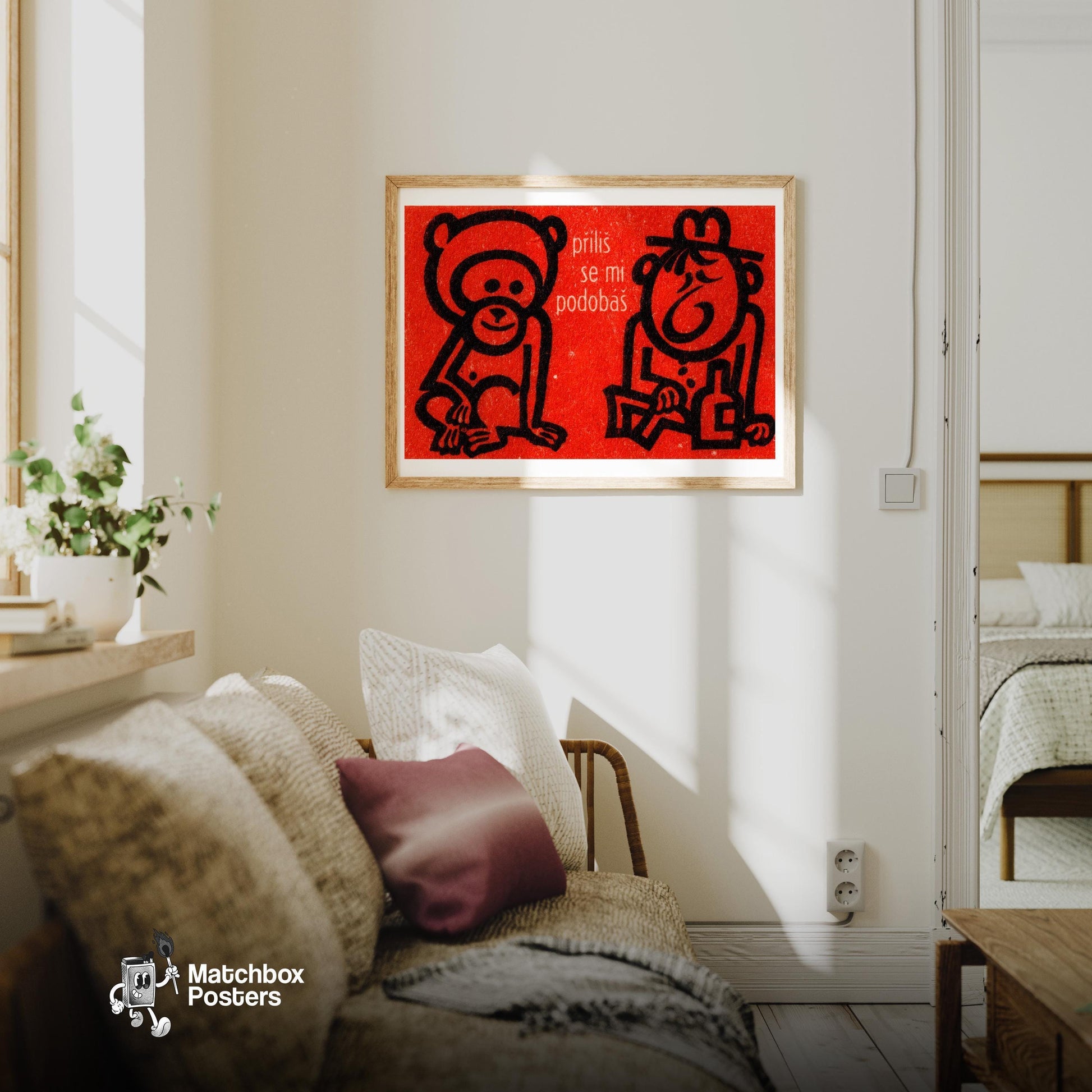 Monkey and Drunk Man - vintage matchbox label print - living room mockup