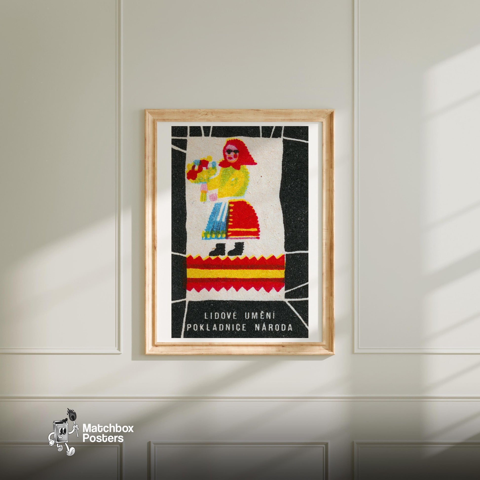 Folk Woman with Flowers - vintage matchbox label print - bedroom mockup