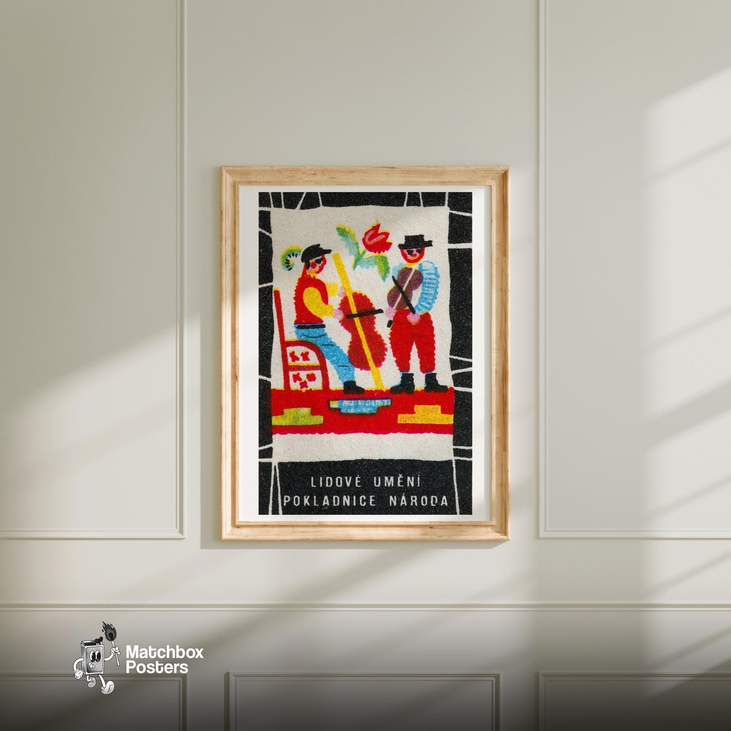 Folk Musicians - vintage matchbox label print - bedroom mockup