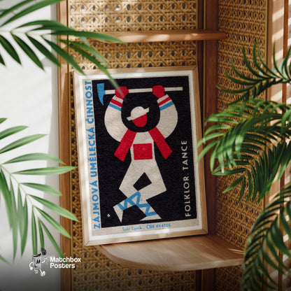 Stylized Folk Dancer - vintage matchbox label print - office wall