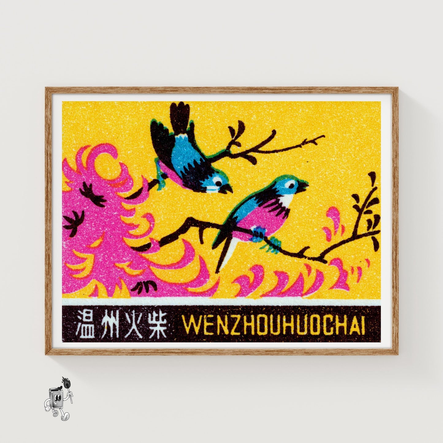 Two Pink Birds - vintage matchbox label print