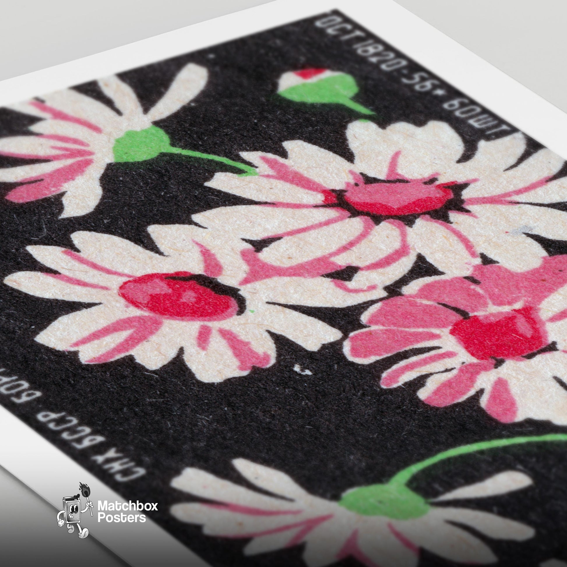 Pink Chamomile Flowers - vintage matchbox label print - close-up detail