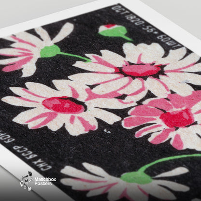 Pink Chamomile Flowers - vintage matchbox label print - close-up detail