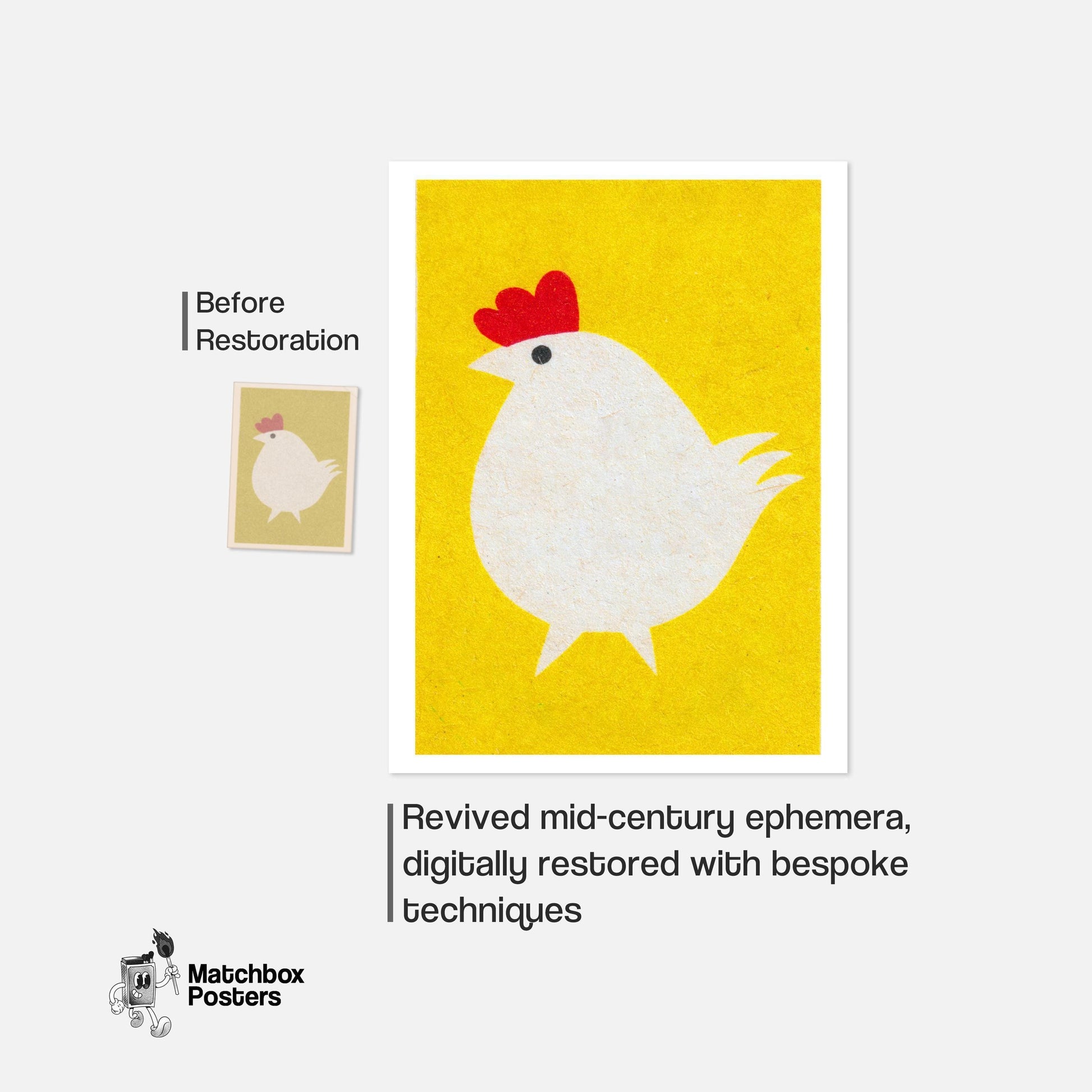 Stylized White Chicken - vintage matchbox label print - framed wall art preview