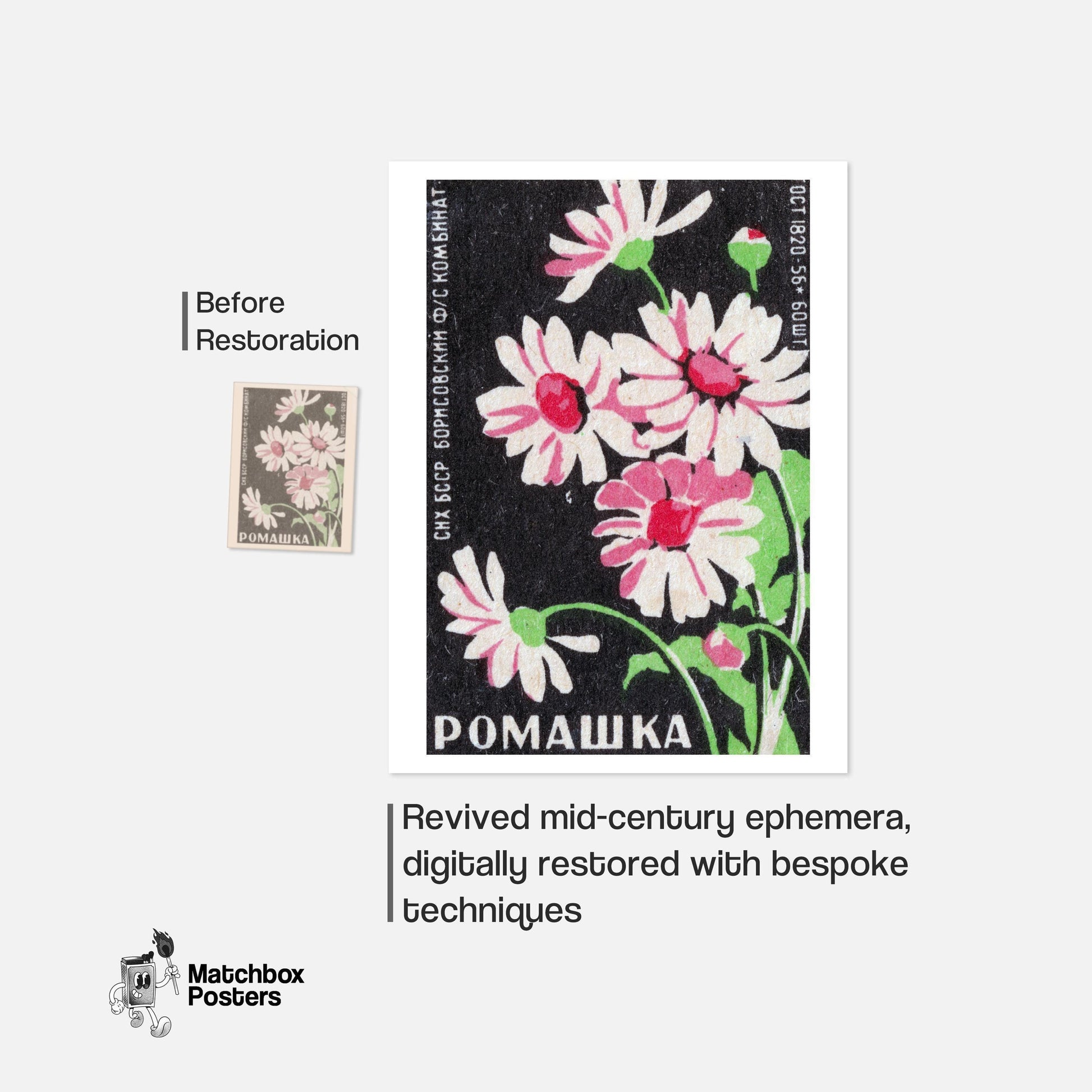 Pink Chamomile Flowers - vintage matchbox label print - framed wall art preview