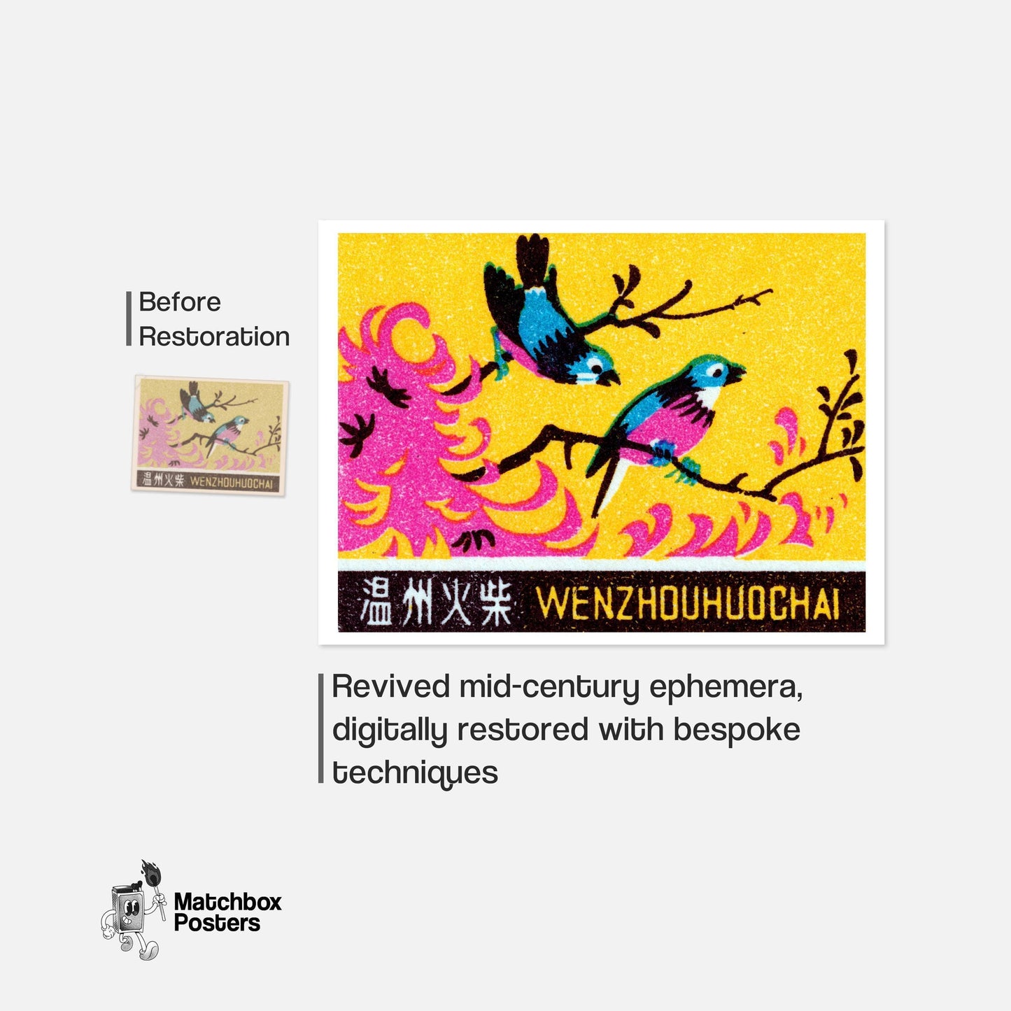 Two Pink Birds - vintage matchbox label print - framed wall art preview