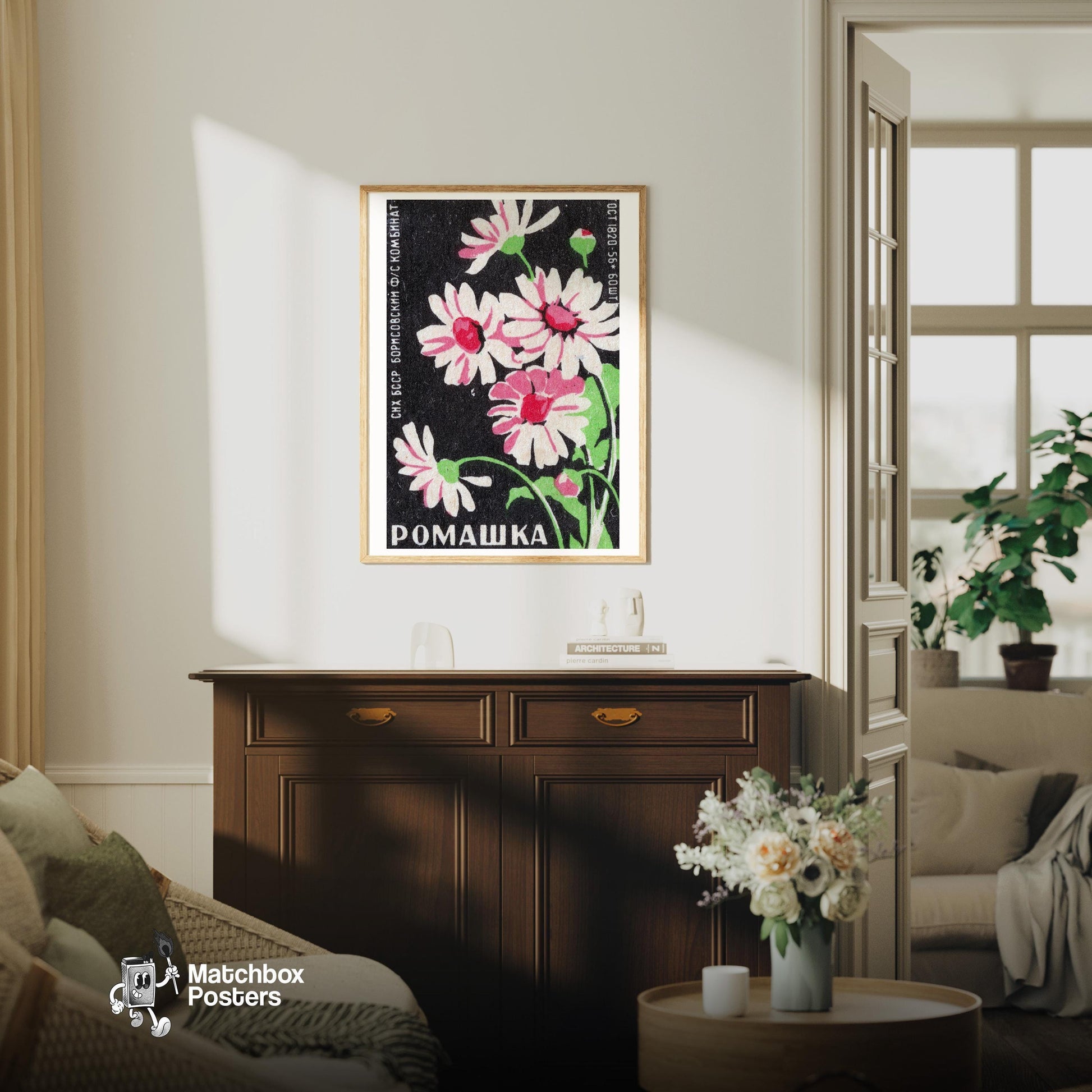 Pink Chamomile Flowers - vintage matchbox label print - living room mockup