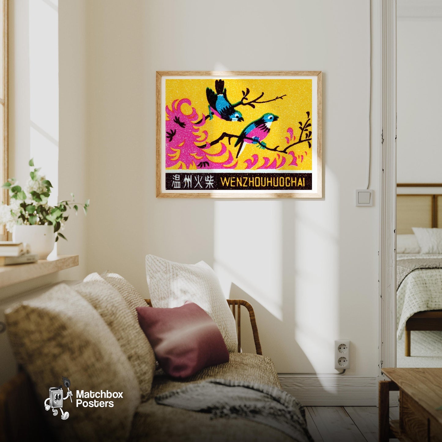Two Pink Birds - vintage matchbox label print - living room mockup