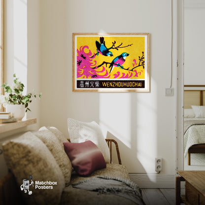 Two Pink Birds - vintage matchbox label print - living room mockup