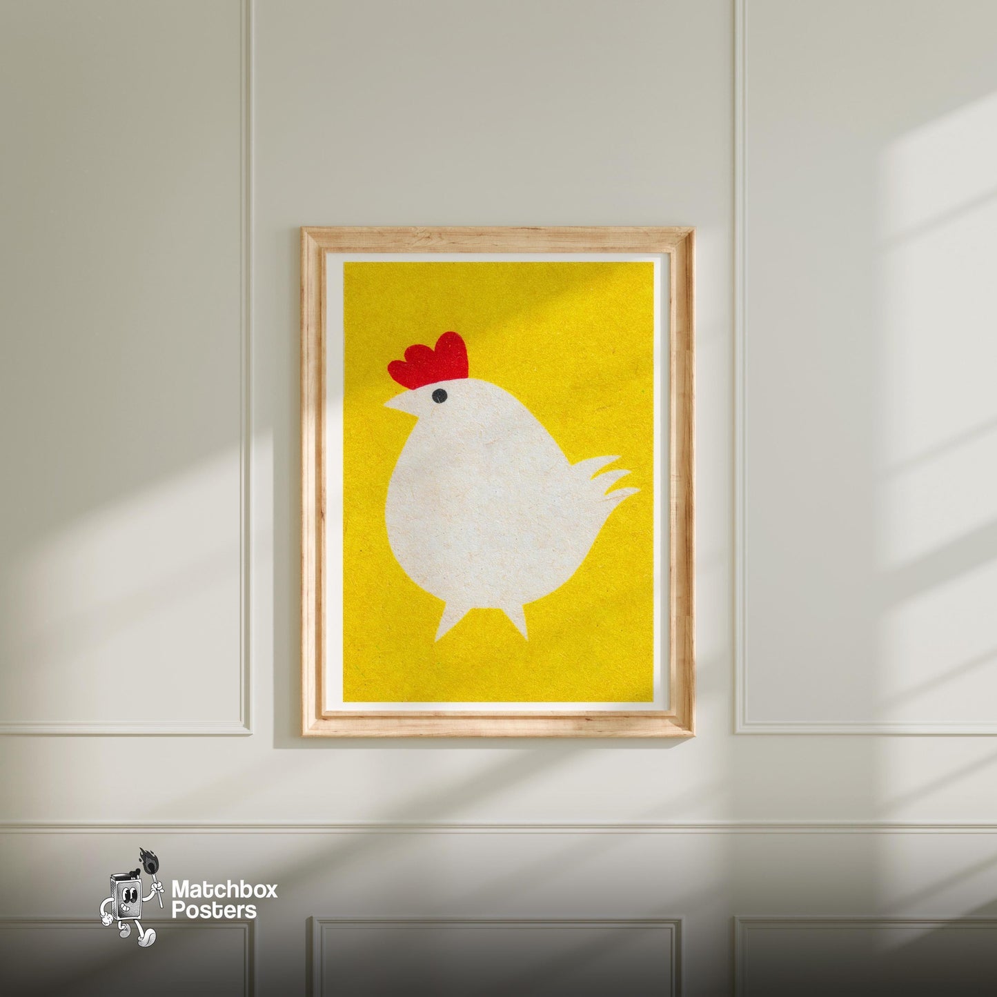 Stylized White Chicken - vintage matchbox label print - bedroom mockup
