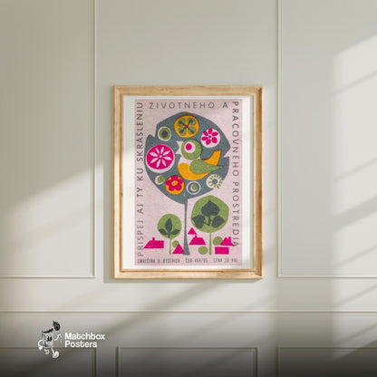 Bird in Tree - vintage matchbox label print - bedroom mockup