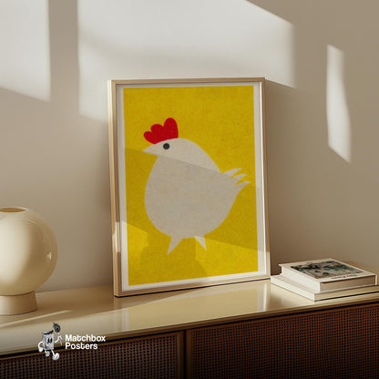 Stylized White Chicken - vintage matchbox label print - size comparison