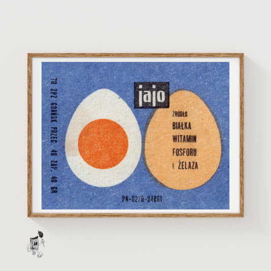 Illustration Of Two Eggs, One Whole - vintage matchbox label print
