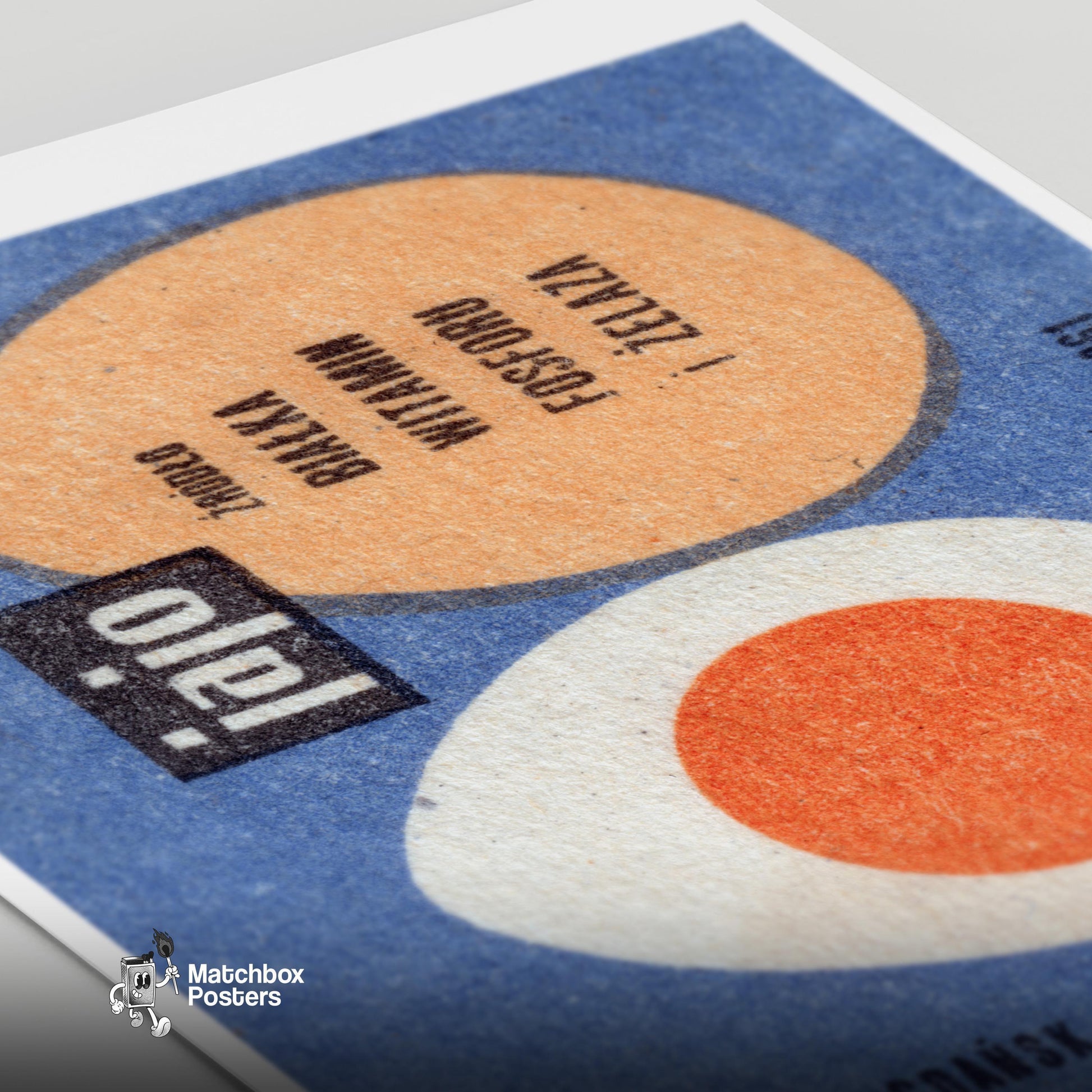 Illustration Of Two Eggs, One Whole - vintage matchbox label print - close-up detail