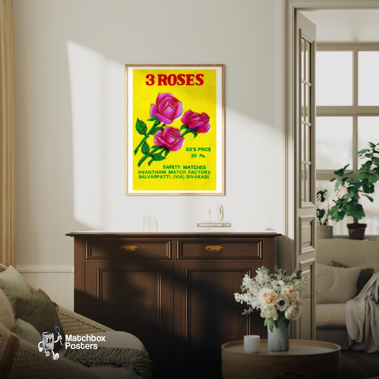 Three Roses - vintage matchbox label print - living room mockup
