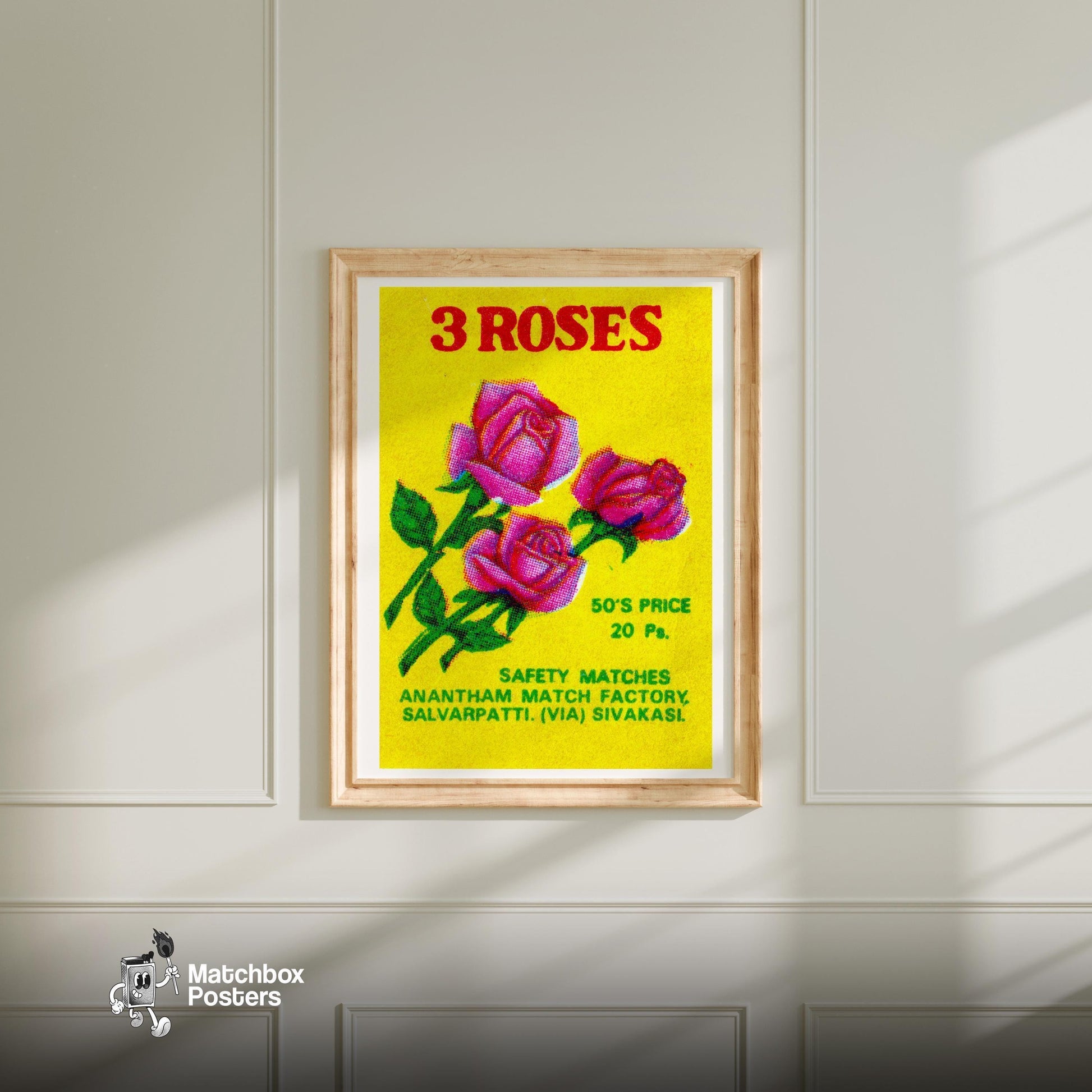 Three Roses - vintage matchbox label print - bedroom mockup