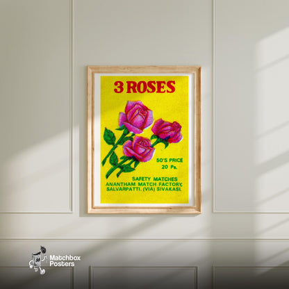 Three Roses - vintage matchbox label print - bedroom mockup