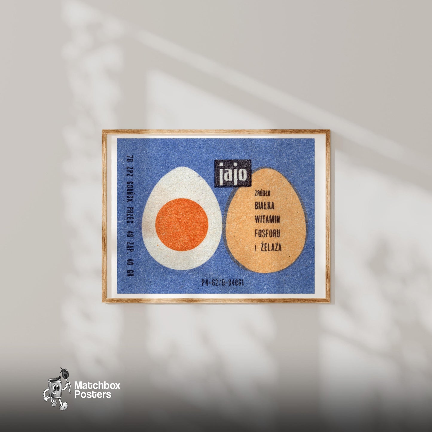 Illustration Of Two Eggs, One Whole - vintage matchbox label print - bedroom mockup