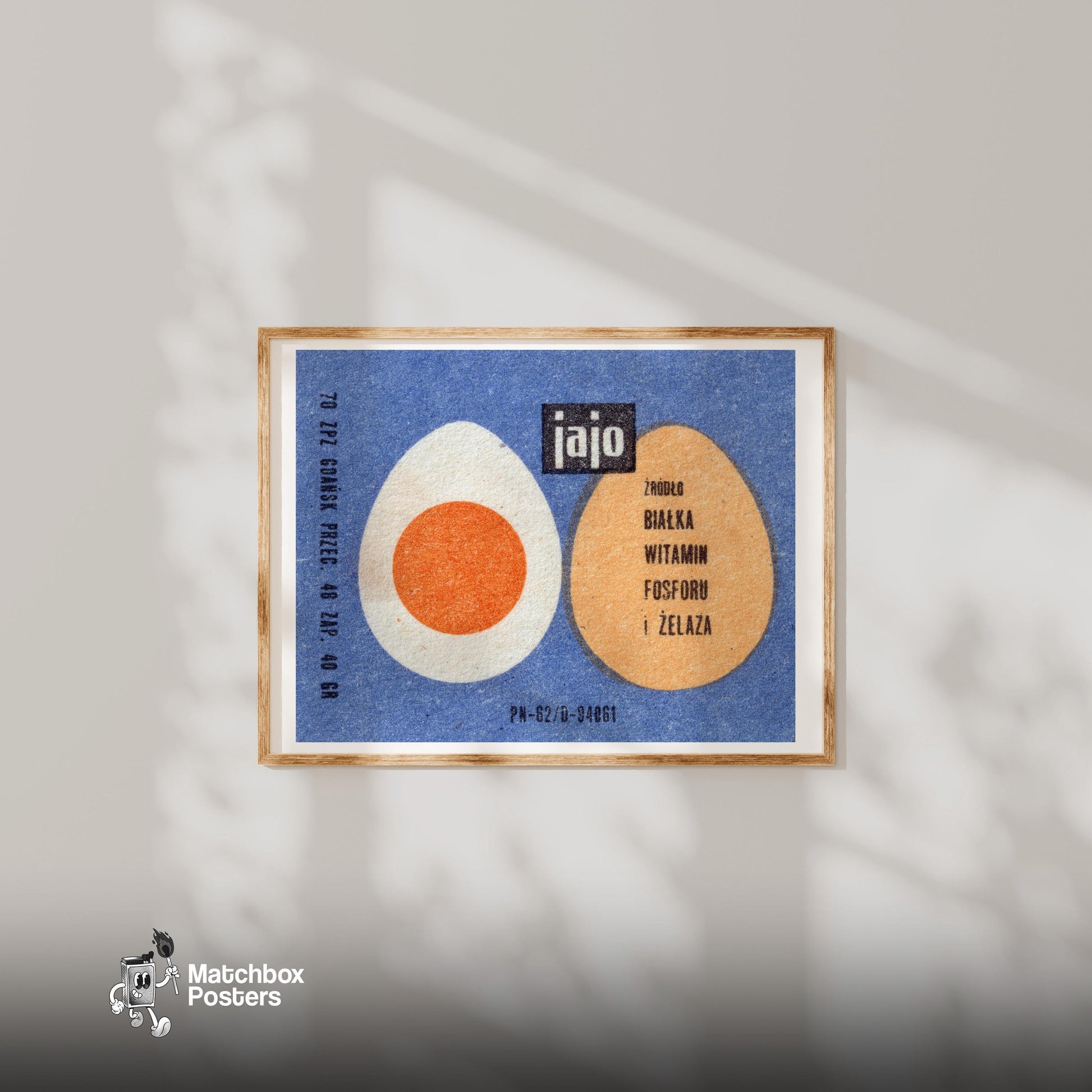 Illustration Of Two Eggs, One Whole - vintage matchbox label print - bedroom mockup