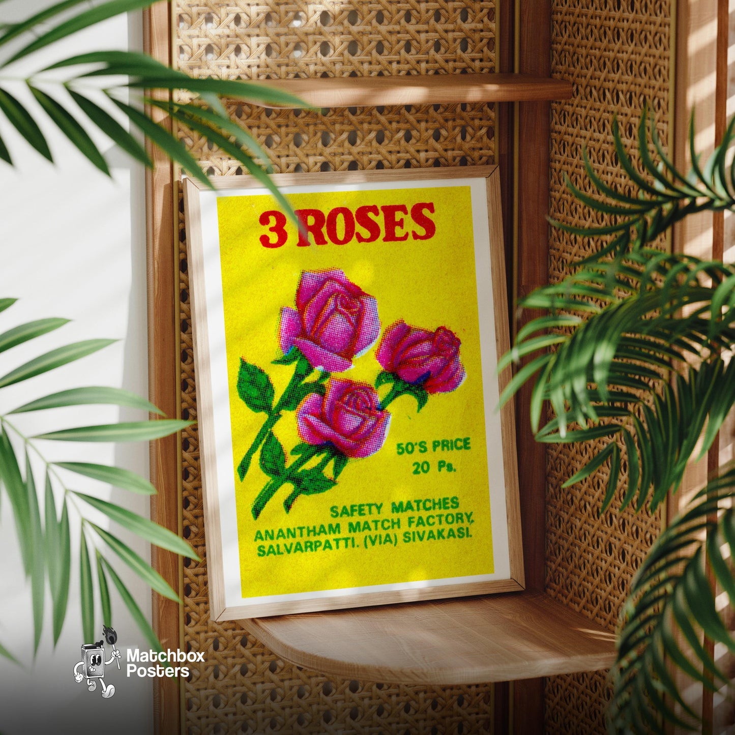 Three Roses - vintage matchbox label print - office wall