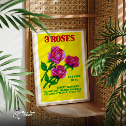Three Roses - vintage matchbox label print - office wall
