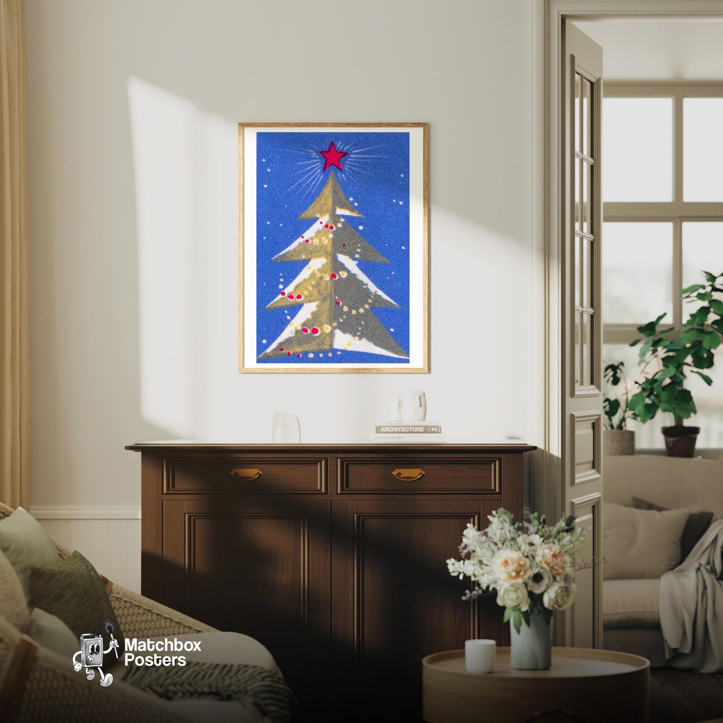 Stylized Christmas Tree - vintage matchbox label print - living room mockup