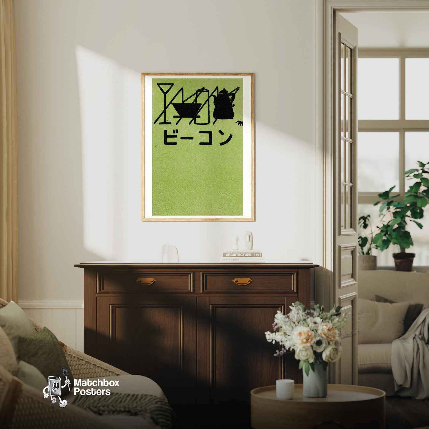 Beacon Cafe - vintage matchbox label print - living room mockup