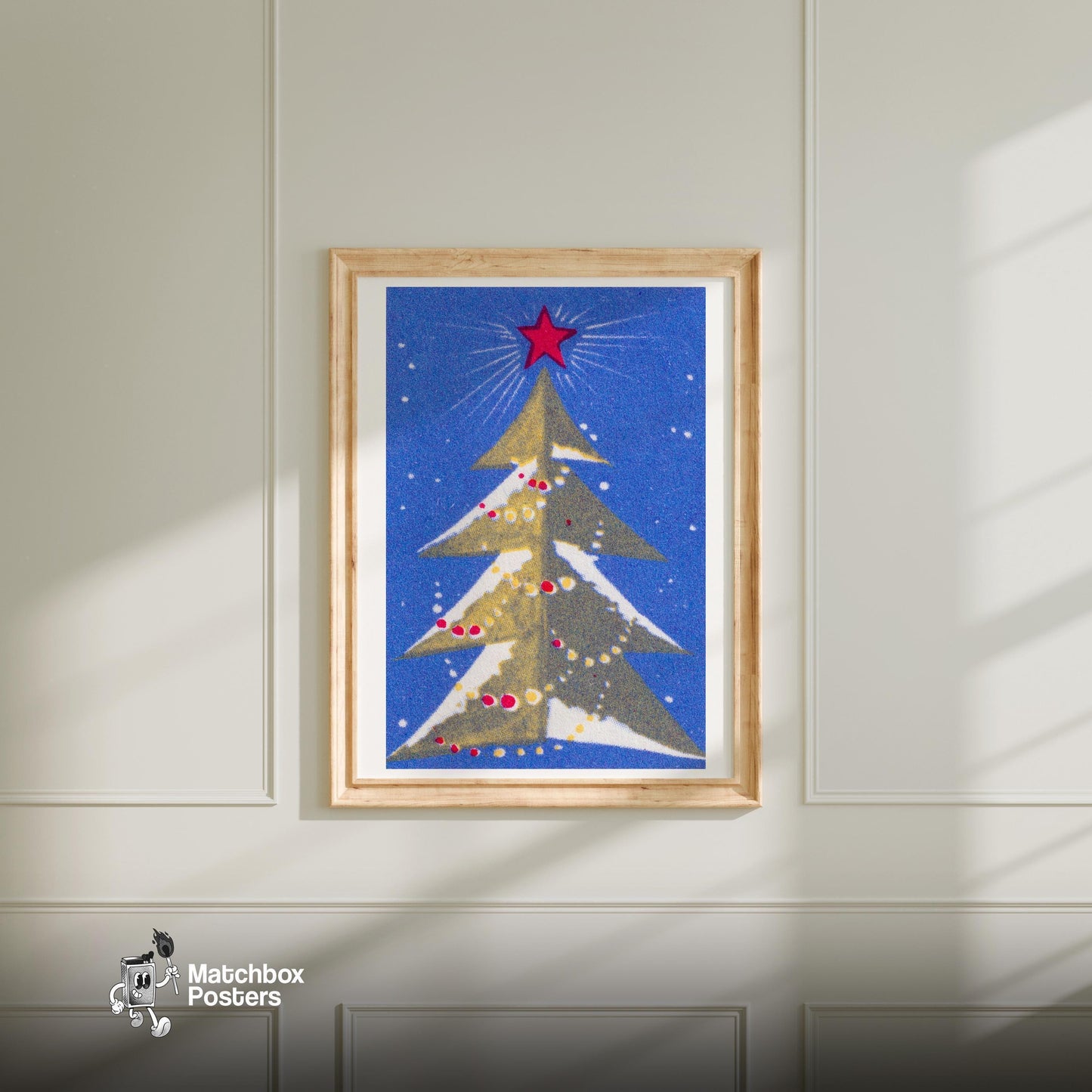 Stylized Christmas Tree - vintage matchbox label print - bedroom mockup