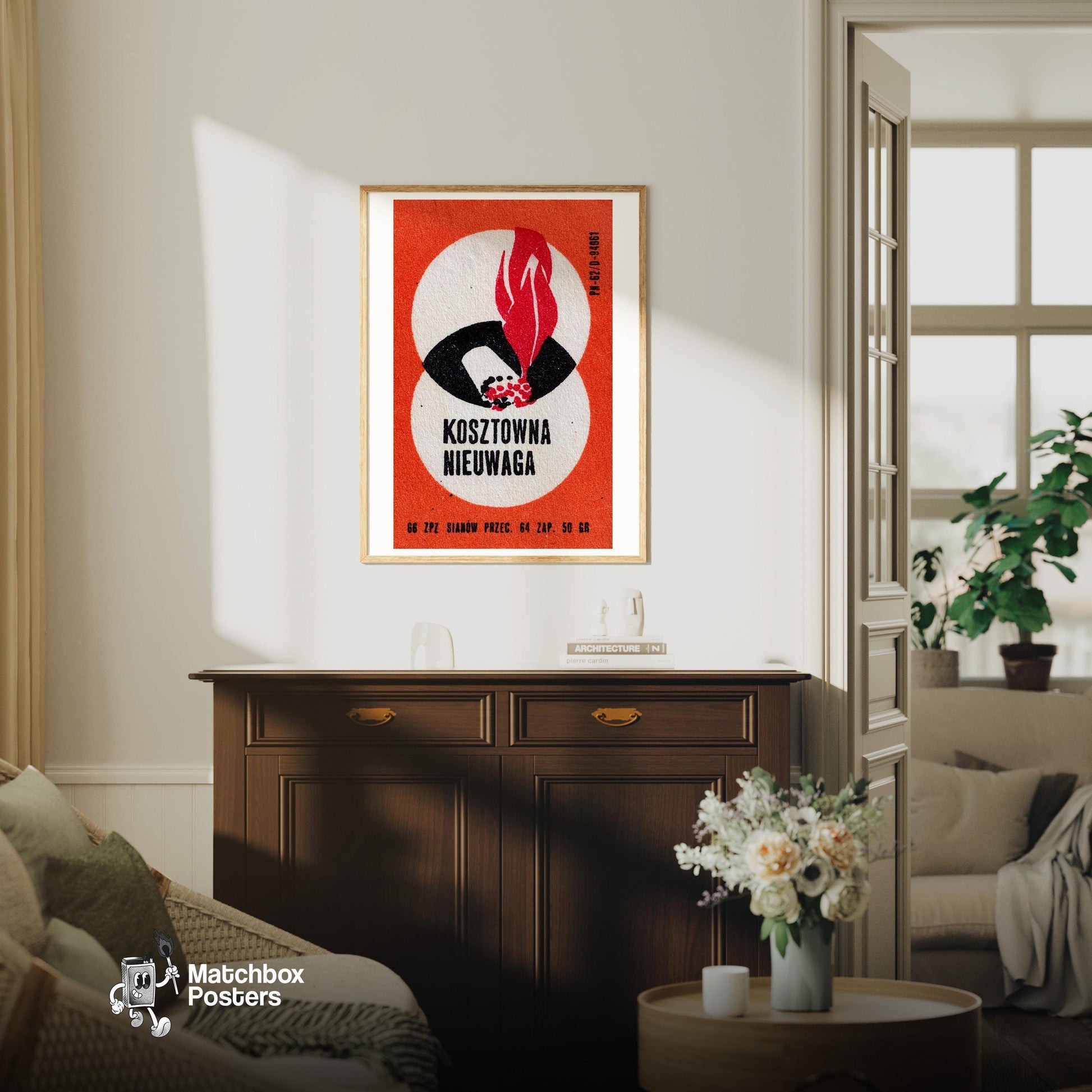 Red Flame and Matchstick - vintage matchbox label print - living room mockup