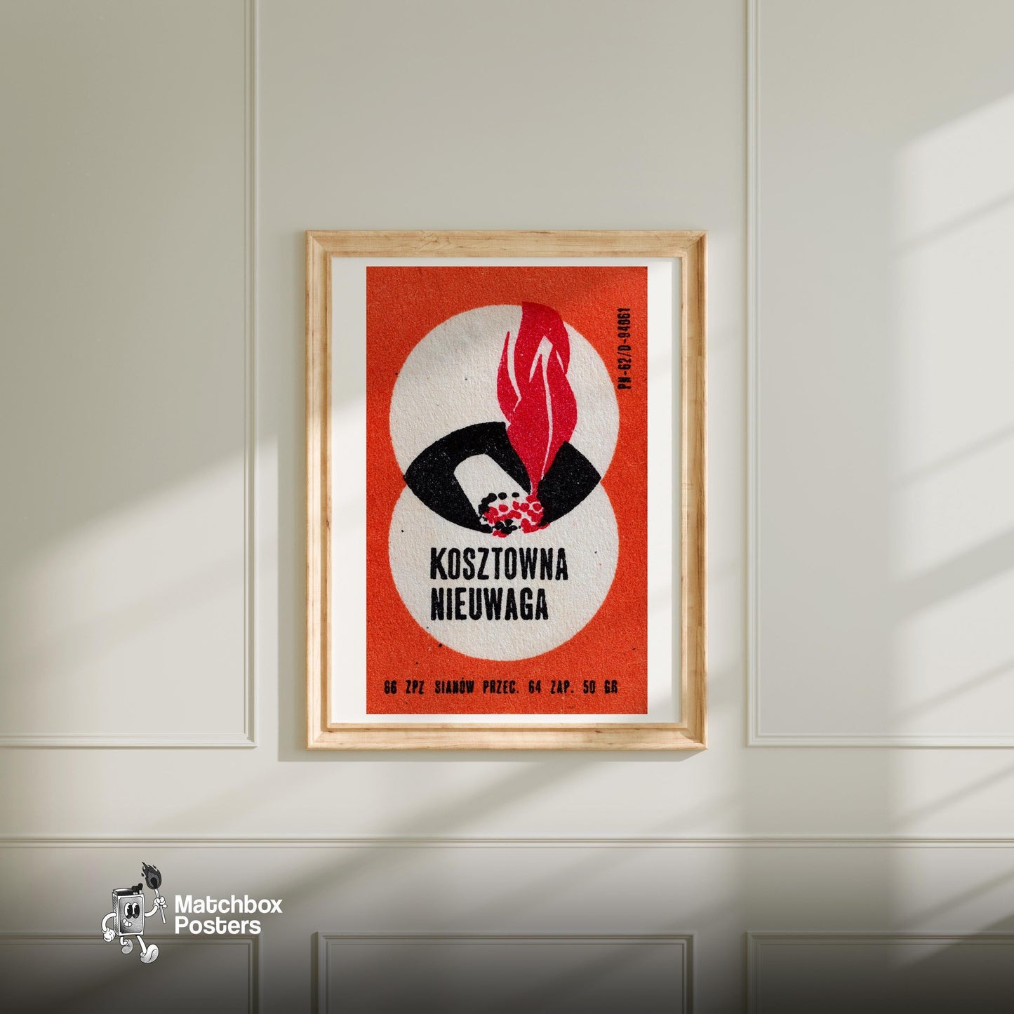 Red Flame and Matchstick - vintage matchbox label print - bedroom mockup