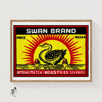 Swan with Sunburst - vintage matchbox label print