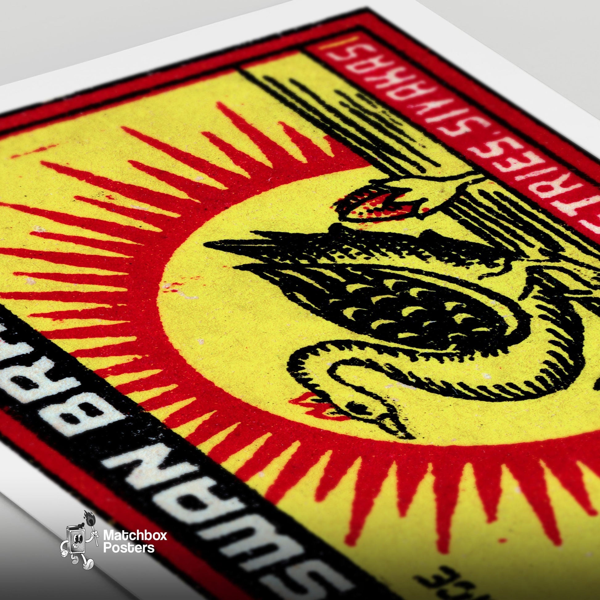Swan with Sunburst - vintage matchbox label print - close-up detail